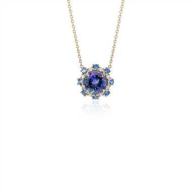 Tanzanite Pendant with Sapphire and Diamond Halo in 14k Yellow Gold (6mm)