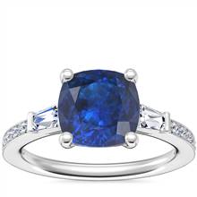 Tapered Baguette Diamond Cathedral Engagement Ring with Cushion Sapphire in 14k White Gold (8mm) | Blue Nile