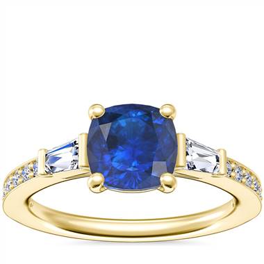 Tapered Baguette Diamond Cathedral Engagement Ring with Cushion Sapphire in 14k Yellow Gold (6mm)
