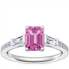 Tapered Baguette Diamond Cathedral Engagement Ring with Emerald-Cut Pink Sapphire in Platinum (7x5mm) | Blue Nile