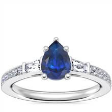 Tapered Baguette Diamond Cathedral Engagement Ring with Pear-Shaped Sapphire in Platinum (7x5mm) | Blue Nile