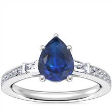 Tapered Baguette Diamond Cathedral Engagement Ring with Pear-Shaped Sapphire in Platinum (8x6mm) | Blue Nile