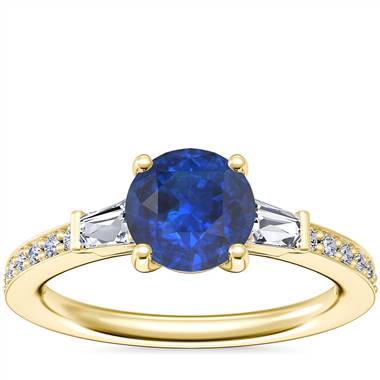 Tapered Baguette Diamond Cathedral Engagement Ring with Round Sapphire in 14k Yellow Gold (6mm)