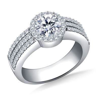 Three Row Round Diamond Engagement Ring Pave Set in Platinum