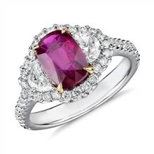 Three-Stone Cushion-Cut Ruby and Half Moon Diamond Halo Ring in 18k White and Yellow Gold (8x6mm) | Blue Nile