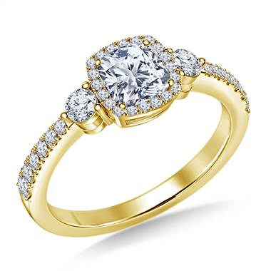 Three Stone Diamond Cushion Halo Engagement Ring in 18K Yellow Gold