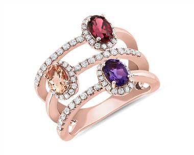 Three Stone Faux Stacking Ring In 14k Rose Gold