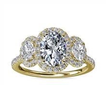 Three-Stone Oval Halo Diamond Engagement Ring In 14k Yellow Gold | Blue Nile