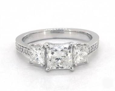 Three-Stone Princess & Pave .94ctw Engagement Ring in 14K White Gold 4mm Width Band (Setting Price)