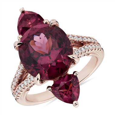 Three Stone Rhodolite Garnet Ring in 18k Rose Gold
