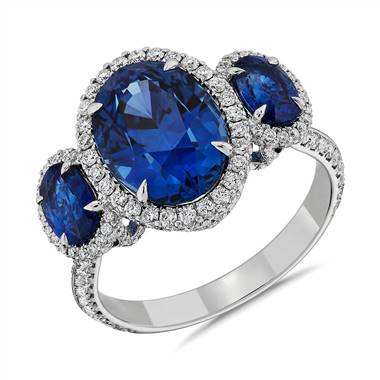 Three Stone Sapphire and Diamond Ring in 18k White Gold