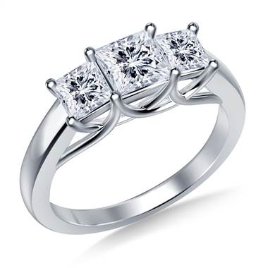 Three Stone Trellis Diamond Engagement Ring in 14K White Gold