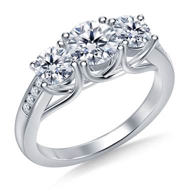 Three Stone Trellis Diamond Engagement Ring With Diamond Accents in 14K White Gold