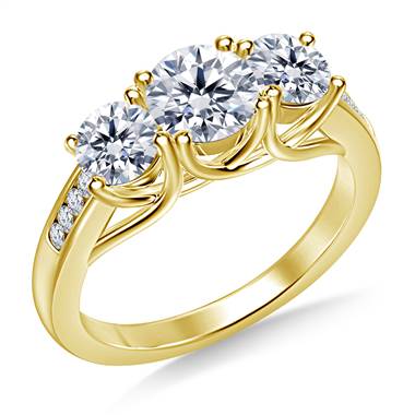 Three Stone Trellis Diamond Engagement Ring With Diamond Accents in 14K Yellow Gold
