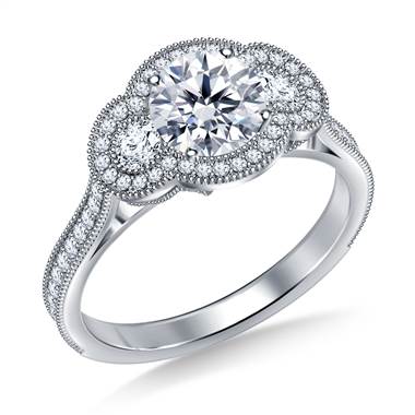 Three Stone Vintage Halo Diamond Engagement Ring in 14K White Gold