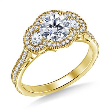 Three Stone Vintage Halo Diamond Engagement Ring in 14K Yellow Gold