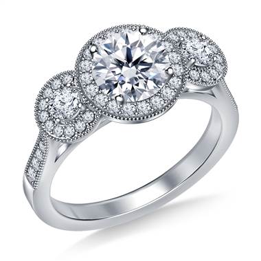 Three Stone Vintage Halo Diamond Engagement Ring in 18K White Gold