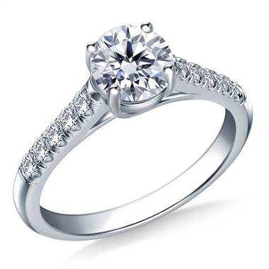 Trellis Round Solitaire with Diamond Accent Engagement Ring In 18K White Gold