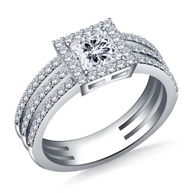 Tri Band Halo Princess Cut Diamond Engagement Ring in 14K White Gold