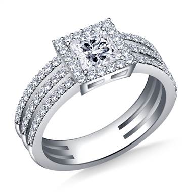Tri Band Halo Princess Cut Diamond Engagement Ring in 18K White Gold