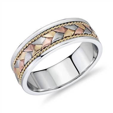 "Tri-Color Braided Rope Wedding Band in 14k White, Yellow, and Rose Gold (7mm)"