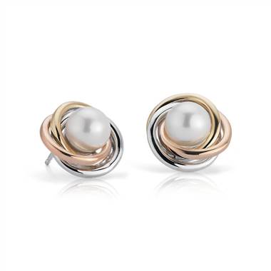 "Tri-Color Love Knot Earrings with Freshwater Cultured Pearls in 14k White, Yellow and Rose Gold (6-7mm)"