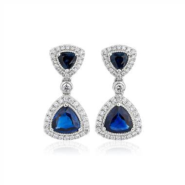 Trilliant Blue Sapphire with Diamond Halo Earrings in 18k White Gold
