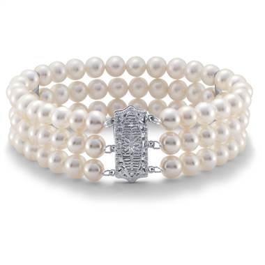 "Triple-Strand Freshwater Cultured Pearl Bracelet in 14k White Gold (6-6.5mm)"