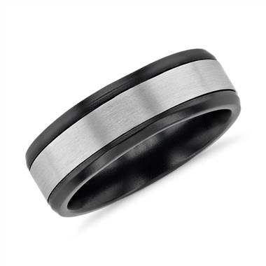 Two-Tone Inlay Wedding Band in Black Titanium and 14k White Gold (7mm)
