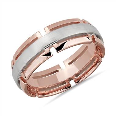 "Two-Tone Modern Link Edge Wedding Ring in 14k White and Rose Gold (7mm)"