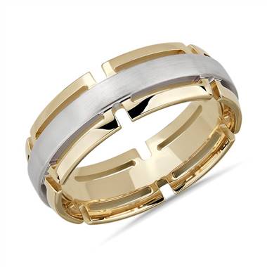 "Two-Tone Modern Link Edge Wedding Ring in 14k White and Yellow Gold (7mm)"