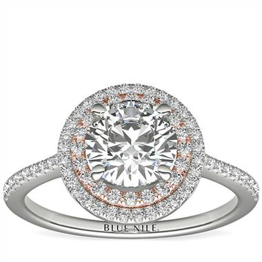 Two-Tone Petite Double Halo Engagement Ring in 14k White and Rose Gold (3/8 ct. tw.)