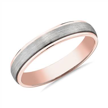 "Two-Tone Step Edge Brushed Wedding Ring in Platinum and 14k Rose Gold (4mm)"