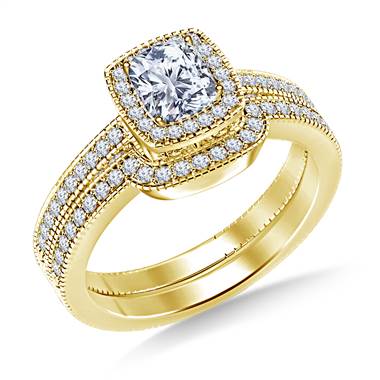 Vintage Cushion Cut Halo Diamond Ring with Matching Band in 14K Yellow Gold