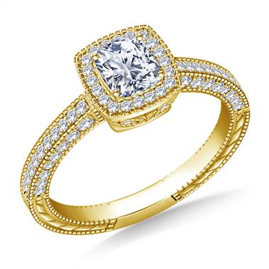 Vintage Cushion Cut Halo Engagement Ring in 18K Yellow Gold