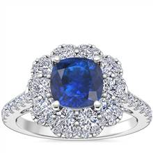 "Vintage Diamond Halo Engagement Ring with Cushion Sapphire in Platinum (6mm)" | Blue Nile