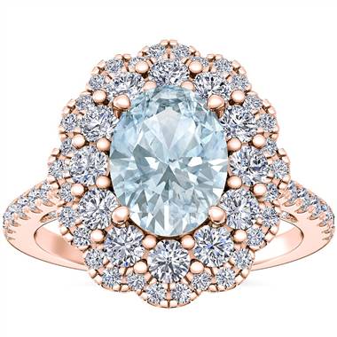 Vintage Diamond Halo Engagement Ring with Oval Aquamarine in 14k Rose Gold (8x6mm)