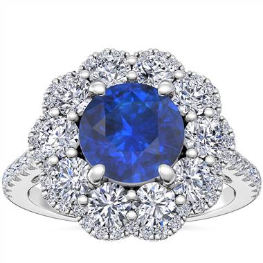 Vintage Diamond Halo Engagement Ring with Round Sapphire in 14k White Gold (6mm)