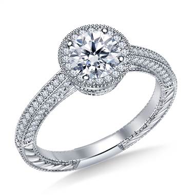 Vintage Halo Round Diamond Engagement Ring in 14K White Gold