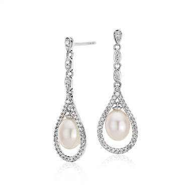 Vintage-Inspired Freshwater Cultured Pearl and White Topaz Drop Earrings in Sterling Silver (6-7mm)