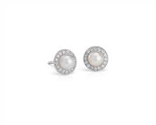 Vintage-Inspired Freshwater Cultured Pearl and White Topaz Halo Earrings In Sterling Silver (5mm) | Blue Nile