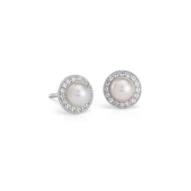 Vintage-Inspired Freshwater Cultured Pearl and White Topaz Halo Earrings in Sterling Silver (5mm)