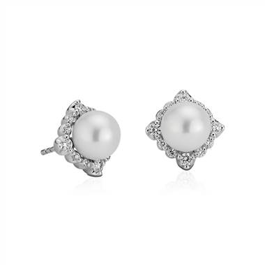 Vintage-Inspired Freshwater Cultured Pearl Diamond Halo Earrings in 14k White Gold (7-7.5mm)