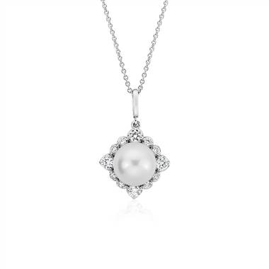 Vintage-Inspired Freshwater Cultured Pearl Diamond Halo Pendant in 14k White Gold (8-8.5mm)