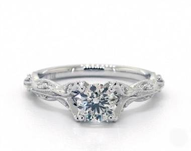 Vintage Milgrain Navette Diamond Pave Engagement Ring in 14K White Gold 4mm Width Band (Setting Price)