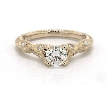 Vintage Milgrain Navette Diamond Pave Engagement Ring in 14K Yellow Gold 4mm Width Band (Setting Price)