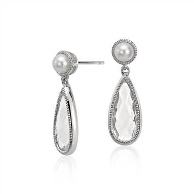 Vintage-Style Freshwater Cultured Pearl and White Topaz Drop Earrings in Sterling Silver