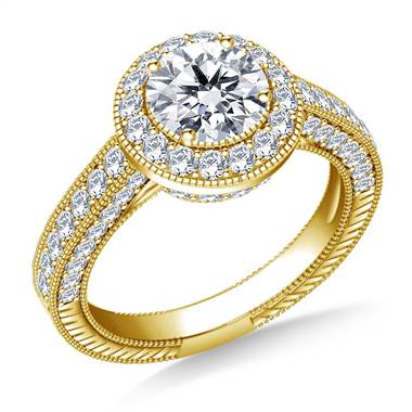 Vintage Style Halo Diamond Engagement Ring in 14K Yellow Gold