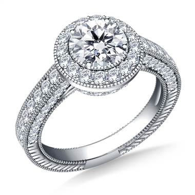Vintage Style Halo Diamond Engagement Ring in 18K White Gold