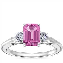 Vintage Three Stone Engagement Ring with Emerald-Cut Pink Sapphire in 14k White Gold (7x5mm) | Blue Nile